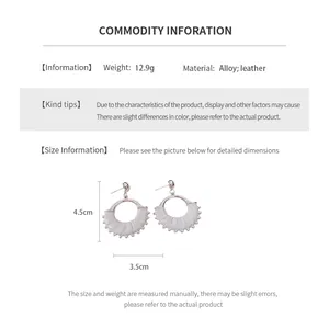 Size chart showing retro leather circular drop earrings dimensions of 4.5cm by 3.5cm