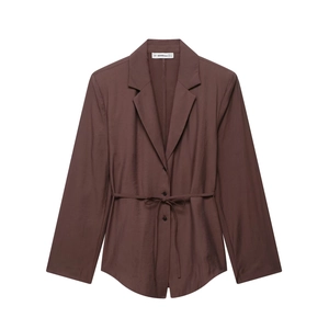 Women's brown long-sleeve blazer suit with a waist-tie belt on a clean white background