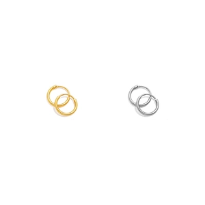 Minimalist gold and silver stainless steel hoop earrings for men and women on white background