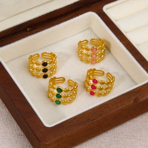 Retro 18k gold plated stainless steel C-shaped rings set with natural stone beads