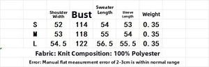 Size chart for V-neck knitted sweater in polyester with detailed measurements in centimeters