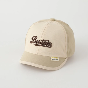 Detail of Boston embroidery on beige and khaki soft brim baseball cap for kids