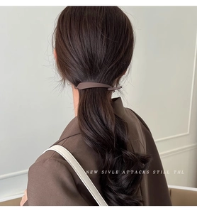 Close-up of a deep brown hair clip securing a low ponytail on the back of a model head