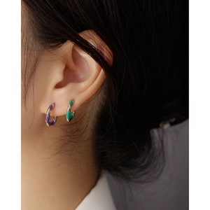 S925 sterling silver huggie earrings with purple and green enamel spiral patterns