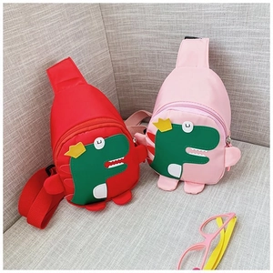 Detailed comparison of pink and red dinosaur chest bags for kids with crown patches