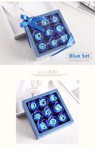 Detailed view of 9 blue artificial soap roses in a square window gift box with ribbon