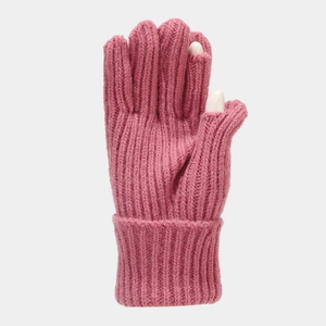 Detail of pink knit gloves featuring ribbed texture and fingerless design for winter