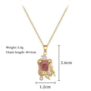 Gold butterfly necklace with pink gemstone and pearl pendant, chain length 40+5cm