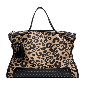 Trendy leopard print tote bag with black leather base and silver rivet studs detail