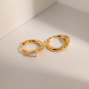 18k gold plated stainless steel hoop earrings with pear-shaped cubic zirconia stones