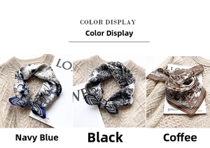 Detailed close-up of three printed silk scarves in navy, black, and coffee vintage patterns