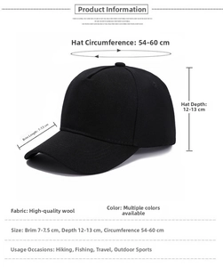 Detail view of adjustable black baseball cap showing brim size and fabric dimensions