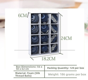 Detailed view of 12 navy silk thread Christmas balls with silver glitter in a white box