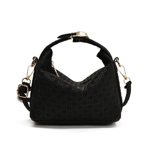 Vintage black woven texture handbag with gold metal hardware and detachable strap