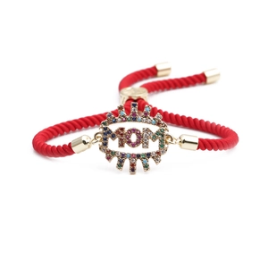 Adjustable red rope bracelet with gold MOM charm and colorful cubic zirconia