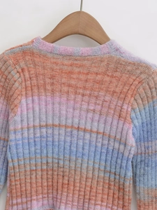 Detail of colorful gradient knit sweater with vertical striped texture and round neckline