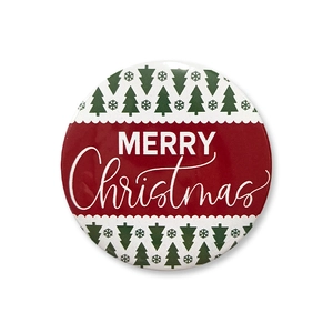 Detail view of 58mm tinplate Christmas badge featuring Merry Christmas text and trees
