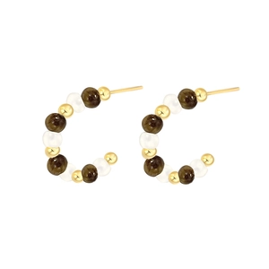 S925 Sterling Silver C-Shaped Tiger Eye Stud Earrings with Fashionable Bead Design
