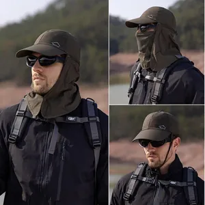Outdoor brown sun hat with neck flap for fishing and hiking, multi-angle view on lake side