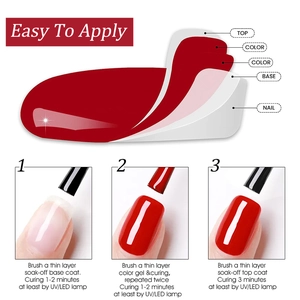 Bright red gel nail polish set with simple 3-step application guide and layered structure