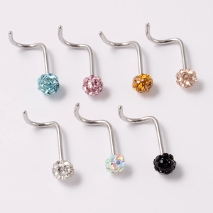 L-shaped stainless steel nose rings set with colorful crystal pavé balls in various shades