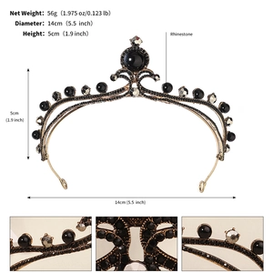 Close-up detail of vintage gold alloy crown with black rhinestones and product dimensions