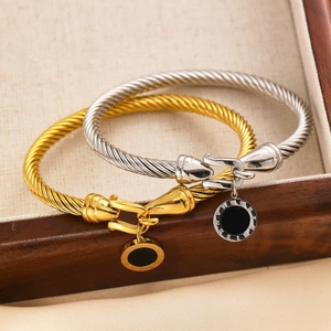 Minimalist twisted rope titanium steel bangles with Roman numeral black pendants