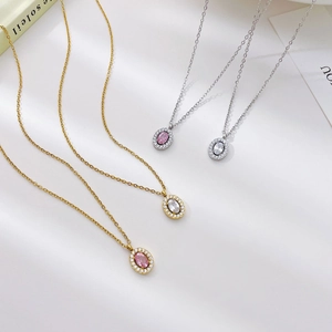 Titanium Steel Oval Cubic Zirconia Pendant Necklace For Women Elegant Hollow Halo Design Minimalist Jewelry