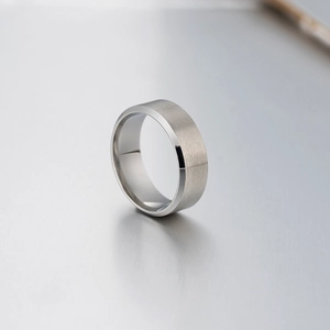 8mm silver titanium steel ring for men with matte brushed surface and beveled edges