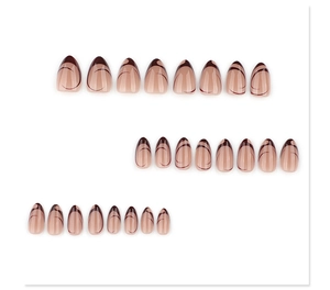 Detail of 24 almond press-on nails with nude base and brown French wave stripes