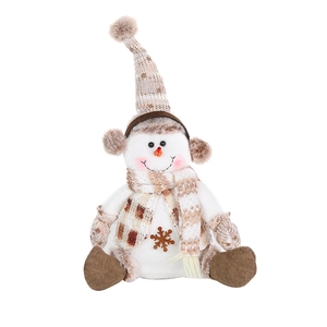 Plush Christmas snowman doll with brown knitted hat and scarf for holiday desktop decor