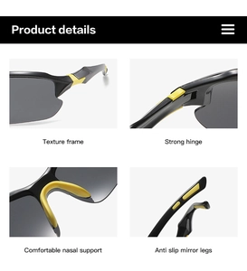 Detail view of sporty sunglasses showing strong hinges and comfortable yellow nose pads