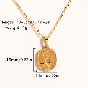Detail of gold rose pendant showing dimensions 16x14mm and 4g weight on oval necklace