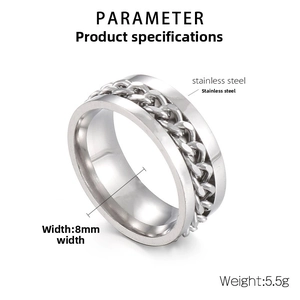 Detailed 8mm stainless steel spinner ring specifications with chain texture and weight info