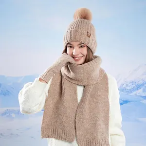 Women Winter Warm Knitted Hat Scarf Gloves Set Sequin Pom Pom Wool Blend Fleece Lined Beanie Scarf Gloves Accessories Set