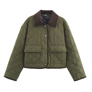 Army green quilted jacket with brown corduroy collar and silver button closure