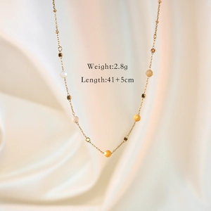 Detail of gold chain necklace with natural stones and size specs 41 plus 5cm length
