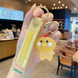 Porte-clés canard jaune mignon avec dragonne en silicone et fermoir mousqueton doré