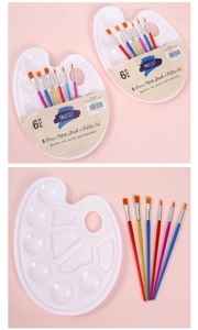 Set dettagliato con 6 pennelli artistici e una tavolozza di miscelazione in plastica bianca