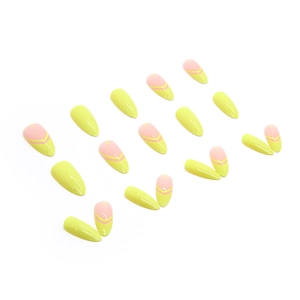 Faux ongles amande jaune fluo avec pointes French roses et finition brillante