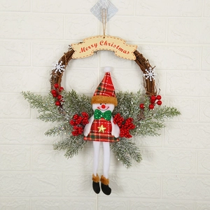 Detail of Christmas snowman wreath with vine ring and Merry Christmas banner for door hanging