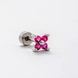 Silver titanium steel stud earring with four pink gemstones in a clover design