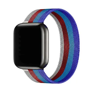 Detail of Milanese mesh strap with blue, red, and silver stripes for smartwatches