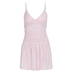 Sexy light pink deep V-neck mini dress with ruched waist and thin spaghetti straps