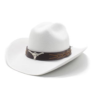 Detailed view of white felt cowboy hat with bull head silver ornament on brown leather strap