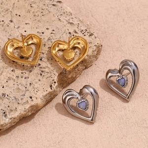 Double layered 18K gold stainless steel heart earrings with natural opal stone inlay