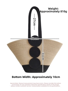 Detail view of woven cotton rope tote bag with black strap and circular appliques