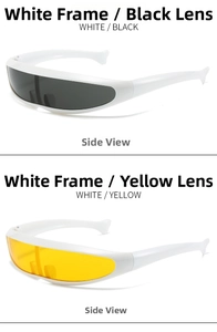 Detail view of white futuristic sports sunglasses with black and yellow lenses