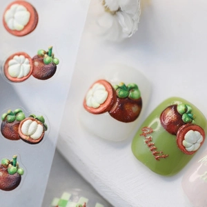 3D mangosteen embossed nail art stickers with fruit designs on green and white nails