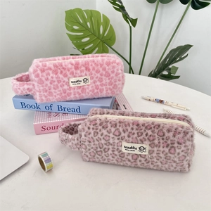 Retro leopard print plush makeup bag set with zipper and portable handle in pink and grey